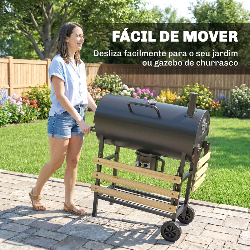 Outsunny Barbecue a Carvão Portátil Barril com Espeto Elétrico, Prateleiras Dobráveis Rodas e Termómetro