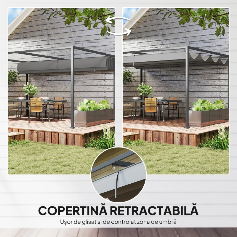 Outsunny Gazebo Pergolă 4x3 m cu Acoperiș Retractabil, Orificii de Drenaj, Picheți și Șuruburi, Pergolă de Grădină din Poliester și Metal, pentru Terasă, Verandă, Exterior, Gri Închis
