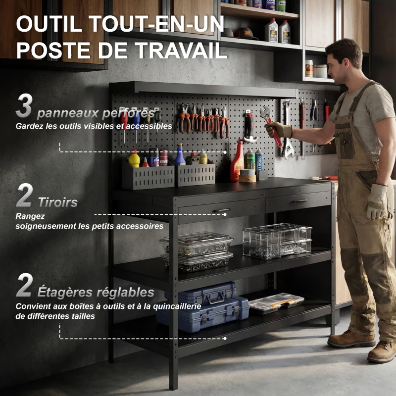 HOMCOM Établi d'Atelier, Charge Max. 272 kg, 122x61x156 cm, Panneau Perforé, 2 Tiroirs et 2 Étagères Réglables, Noir