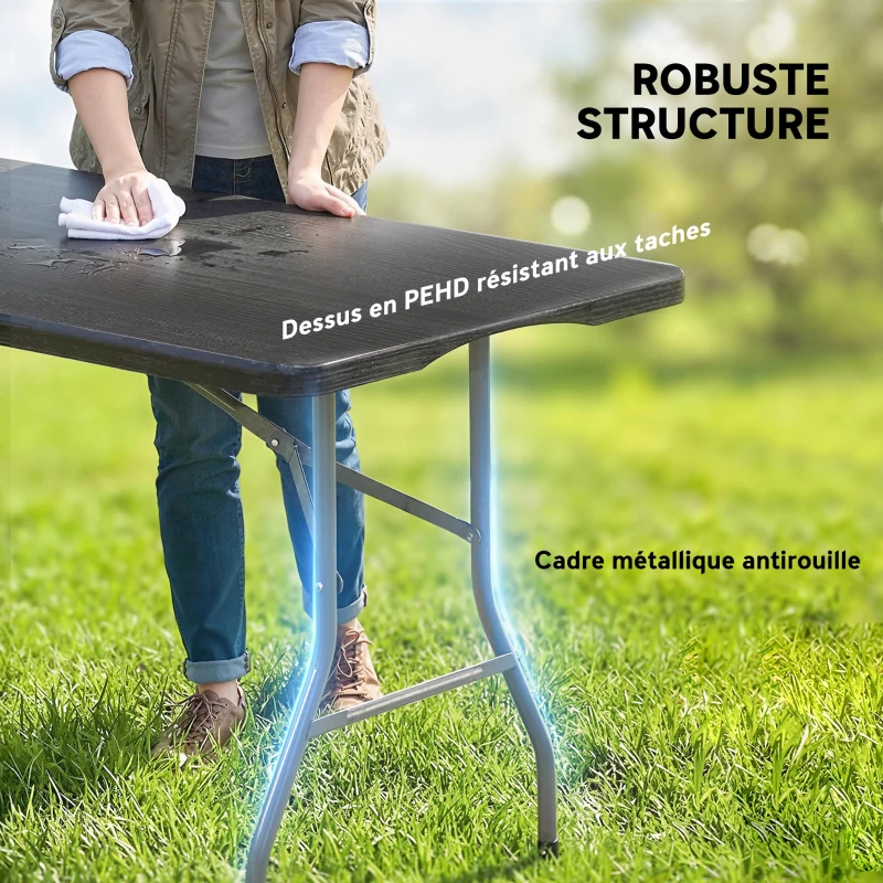 Outsunny Table pliante en HDPE table de camping pliante extérieur avec poignée couvre-pieds antidérapants 180 x 74 x 74 cm, noir