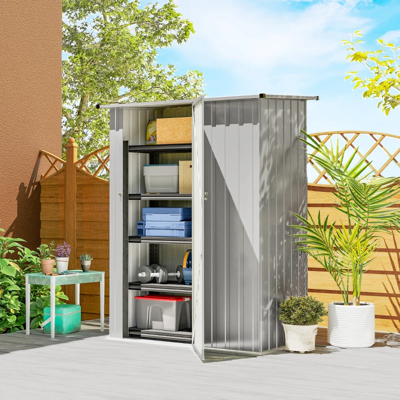 Outsunny Căsuță pentru Grădină 1,07m² din Oțel Galvanizat, Căsuță pentru Unelte cu Ușă Blocabilă, Acoperiș Înclinat, 142x86x189 cm, Argintiu