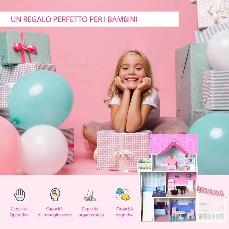 HOMCOM Casa delle Bambole in Legno, Casetta delle Bambole per Bambini a 3 Piani con 13 Accessori, Giocattolo per Bambini 3+ Anni