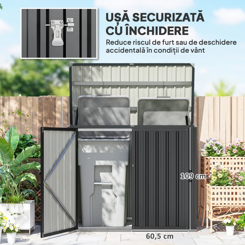Outsunny Depozit pentru Exterior 1.1m² din Oțel Galvanizat cu 2 Uși Blocate, Depozit pentru Coșuri de Gunoi cu Capac Rabatabil, Magazină pentru Grădină pentru 2 Coșuri și Unelte, Gri Închis