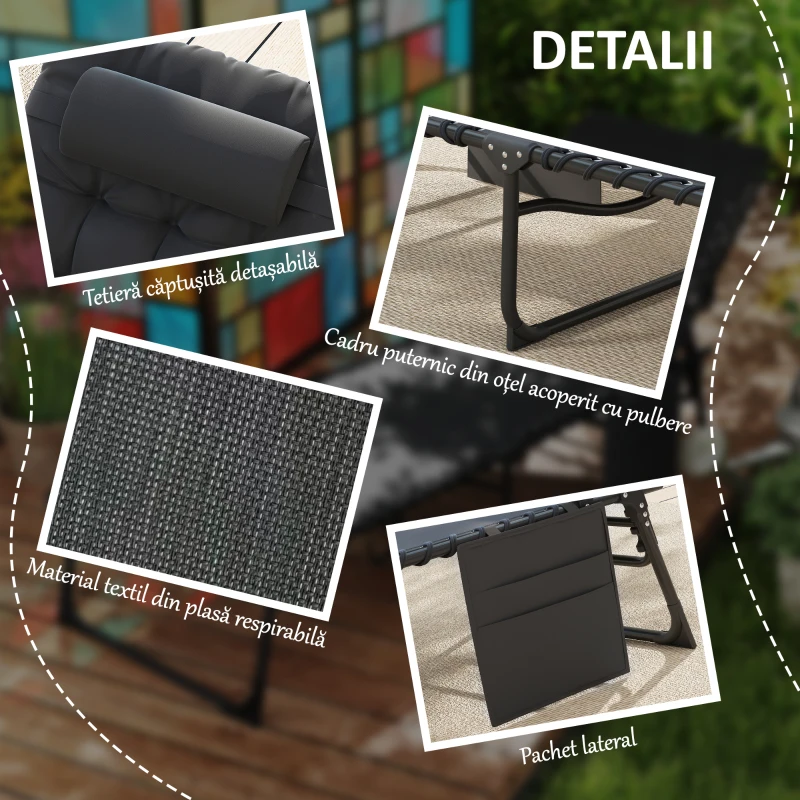 Outsunny Șezlong pliabil cu pernă, tetieră și buzunar lateral, 58x189x32,5 cm, negru