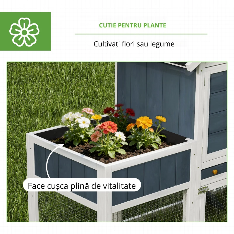 PawHut Cotet pentru gaini, Tarc din lemn pentru gaini,cu cuibar, tava glisanta, acoperis din bitum, retea de plantare, gri