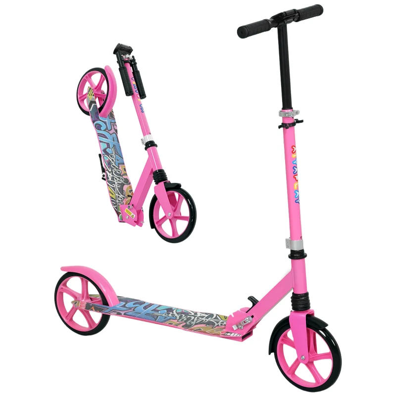 AIYAPLAY Foldable Kids Scooter with Adjustable Handlebar, 200mm Big Wheel, Rear Fender Brake, for Ages 6-12 Years, Pink