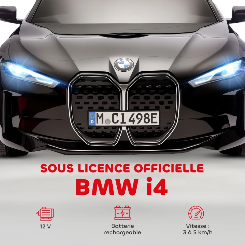 HOMCOM Voiture électrique pour enfants licence BMW I4 12V avec télécommande MP3 Musique Lumières et Ceinture 115x67x45 cm Noir