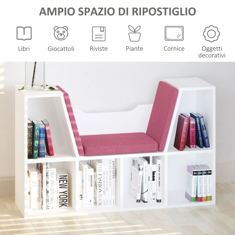 HOMCOM Libreria Panca 2 in 1, Design Contemporaneo, 6 Scomparti, 3 Cuscini Inclus,i 102L x 30P x 61H cm, Bianco e Rosa