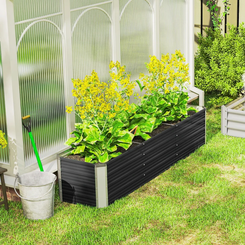 Outsunny Jardinière surélevée en acier avec gants, carré potager de jardin pour fleurs, herbes, légumes, 183 x 47 x 40 cm, gris