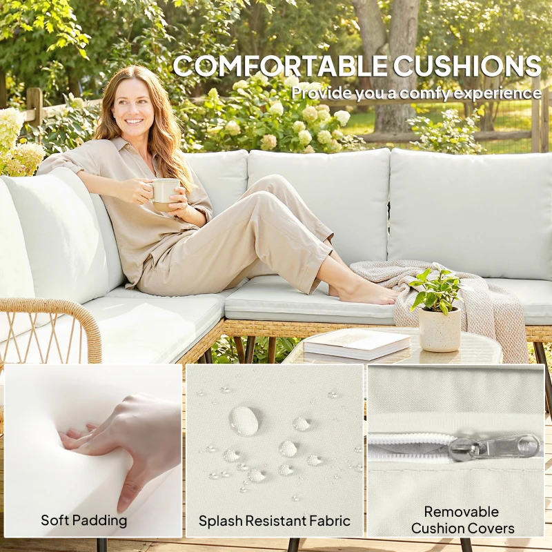 Outsunny 4-częściowy zestaw mebli ogrodowych z rattanu, zestaw z narożnikiem, sofą dwuosobową i stolikiem ze szkła, poduszki dla 5 osób