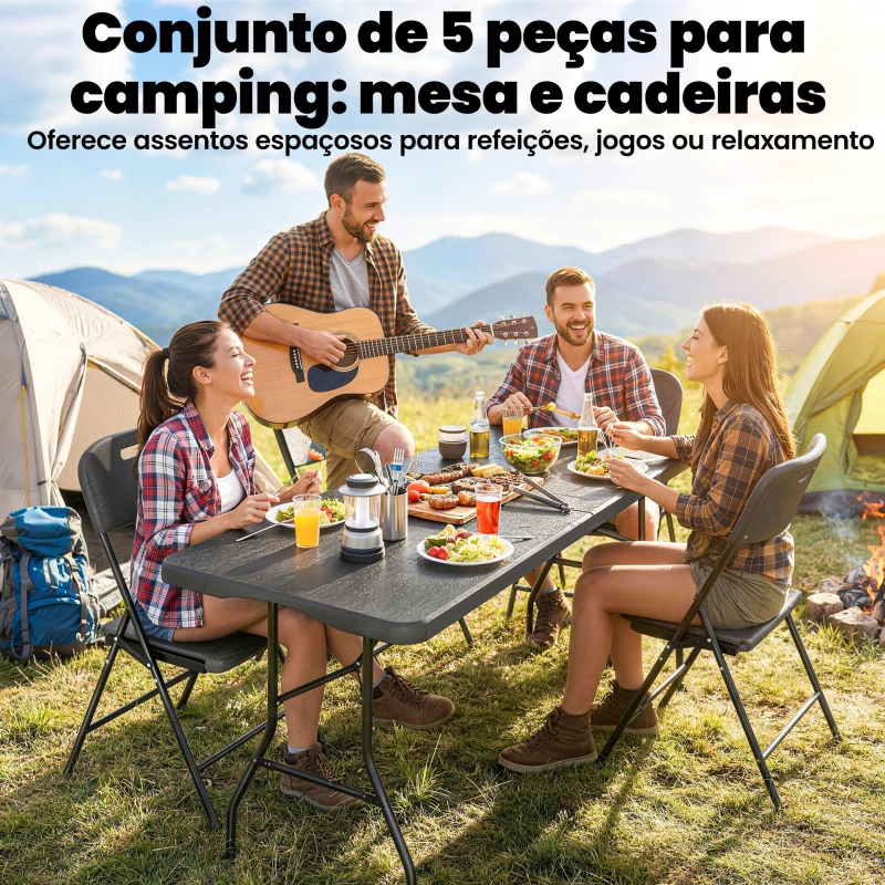 Outsunny Conjunto de Campismo Dobrável de 5 Peças Mesa Dobrável de Campismo com Cadeiras Tampo Impermeável HDPE e Estrutura Metálica