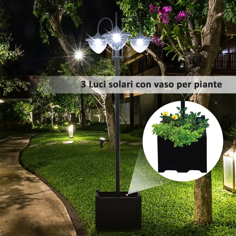 Outsunny Lampione Luce Solare per Esterno (60x55x189 cm) Accensione/Spegnimento Automatici, con 3 Lampade a Led