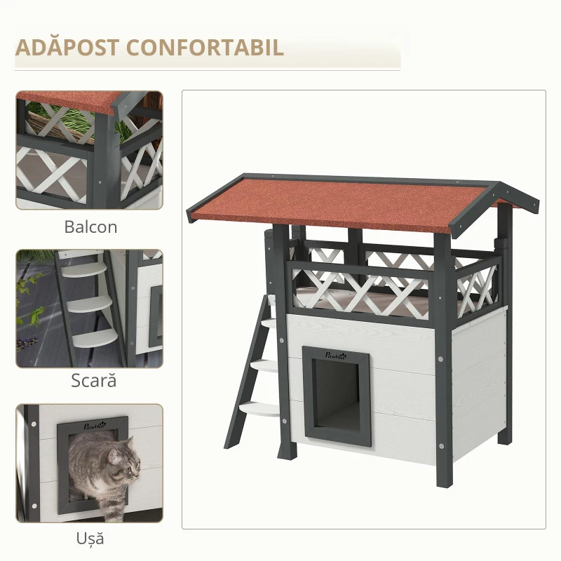 PawHut Căsuță pentru Pisici de Exterior cu Terasa și Scară, Adăpost pentru Pisici și Animale Mici din Lemn, 77x50x73 cm, Alb