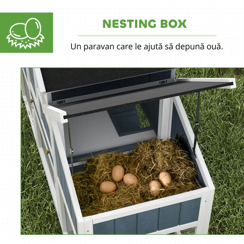 PawHut Cotet pentru gaini, Tarc din lemn pentru gaini,cu cuibar, tava glisanta, acoperis din bitum, retea de plantare, gri