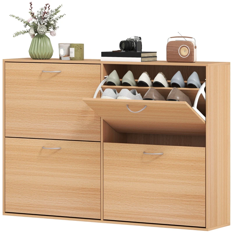 HOMCOM Scarpiera Ingresso Salvaspazio Slim con 4 Ante a Ribalte, Mobile Scarpiera Moderna per 24 Paia di Scarpe con Ripiani Regolabili, Portascarpe in Legno, 120x24x81cm, Color Legno