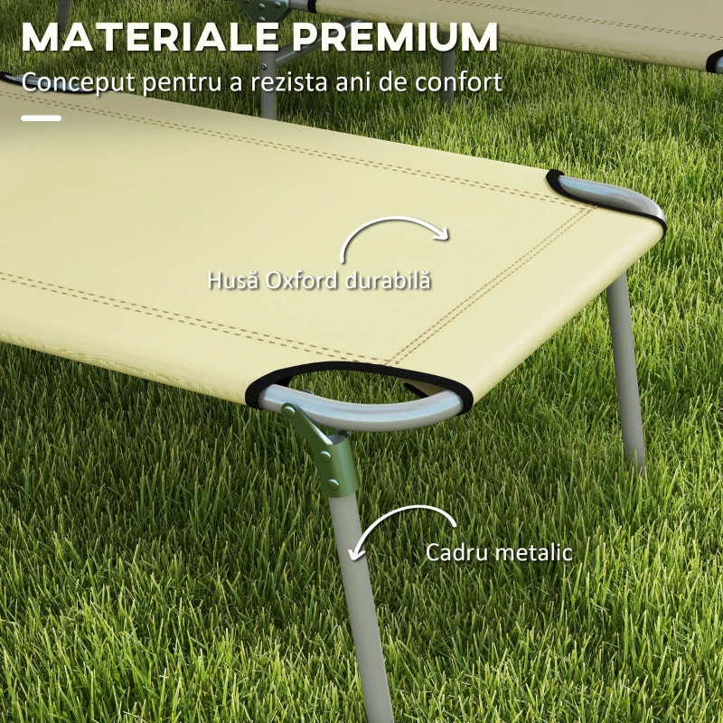 Outsunny Set 2 Șezlonguri de Grădină Pliabile cu Spătar și Copertină Reglabile, 187x58x36 cm, Bej
