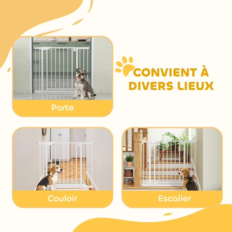 PawHut Barrière de sécurité pour chiens et bébés 76 à 103 cm avec extension fixation par pression sans perçage 76 à 103cm blanc