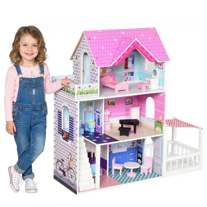 HOMCOM Casa delle Bambole in Legno, Casetta delle Bambole per Bambini a 3 Piani con 13 Accessori, Giocattolo per Bambini 3+ Anni