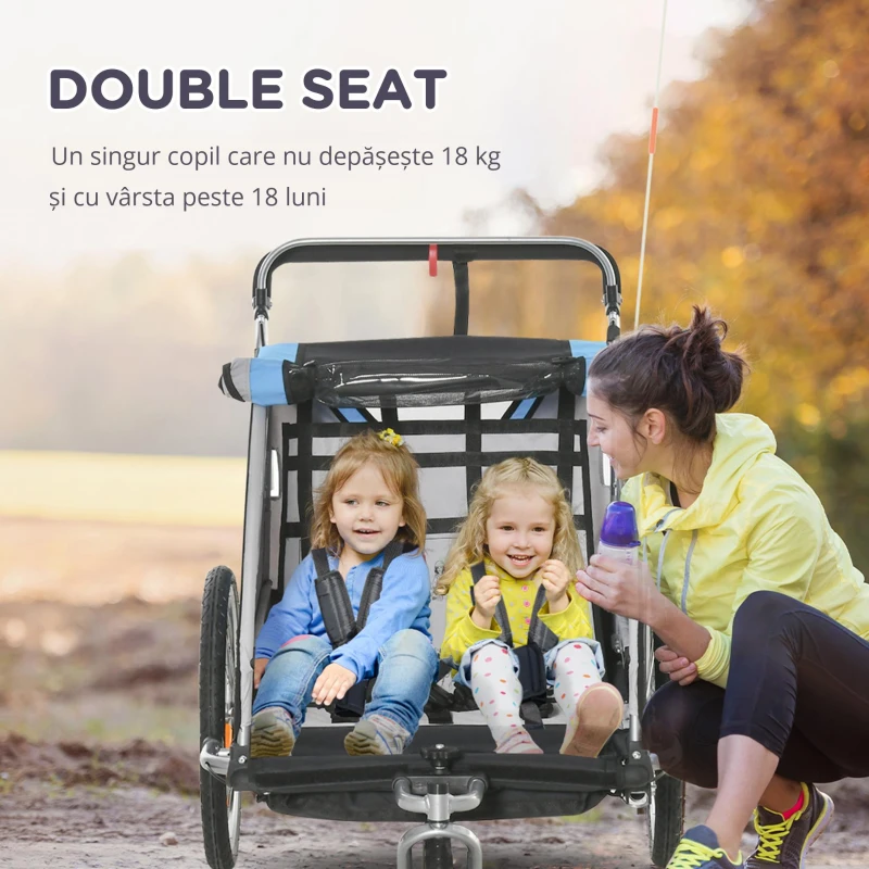 HOMCOM Remorcă Bicicletă pentru Copii, Design 2 în 1 cu Frână și Centură de Siguranță, 142x75x101 cm, Albastru(m-8)