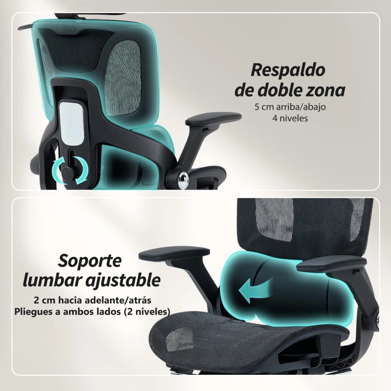 HOMCOM Silla de Escritorio de Malla con Reposapiés Respaldo Reclinable Soporte Lumbar Reposabrazos y Reposacabezas Ajustable