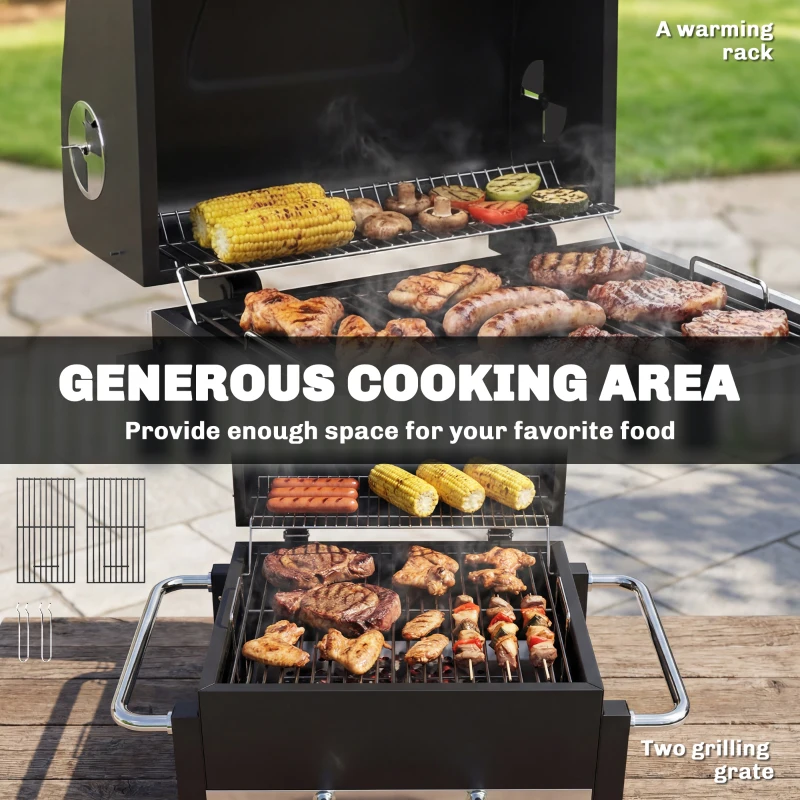 Outsunny Grill na węgiel drzewny ze stali przenośny BBQ Smoker z pokrywą regulowanymi otworami wentylacyjnymi dwupoziomowy pojemnik na węgiel termometr