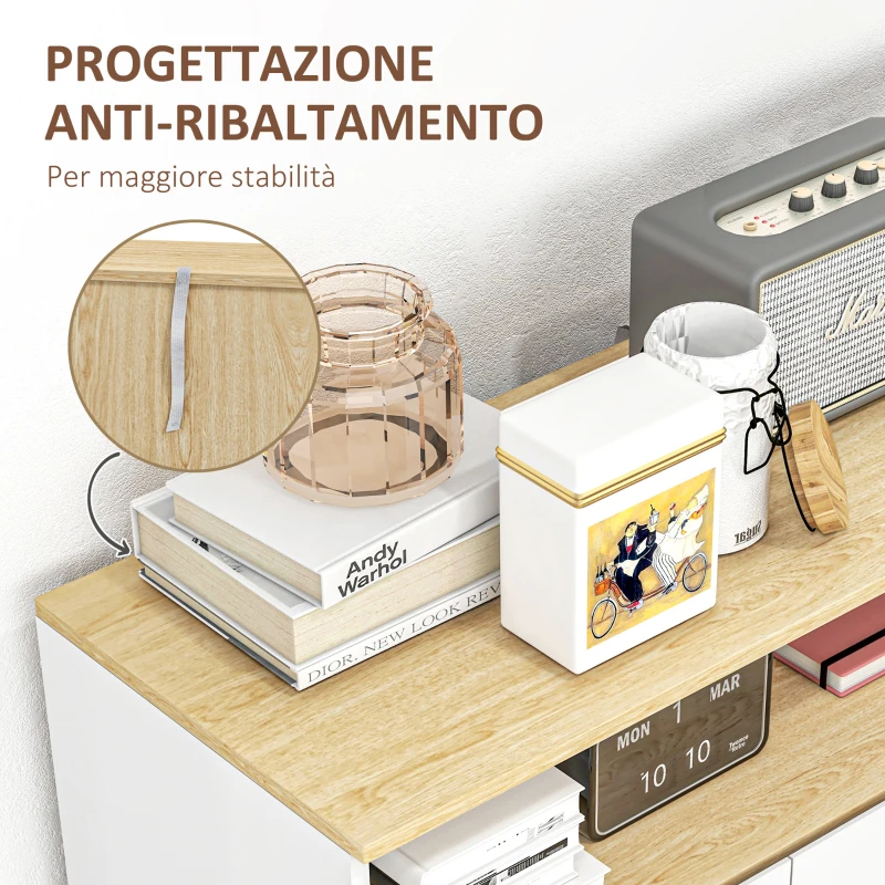 HOMCOM Credenza dal Design Scandinavo con Armadio a 2 Porte e Mensola Interna, Bianco e Legno