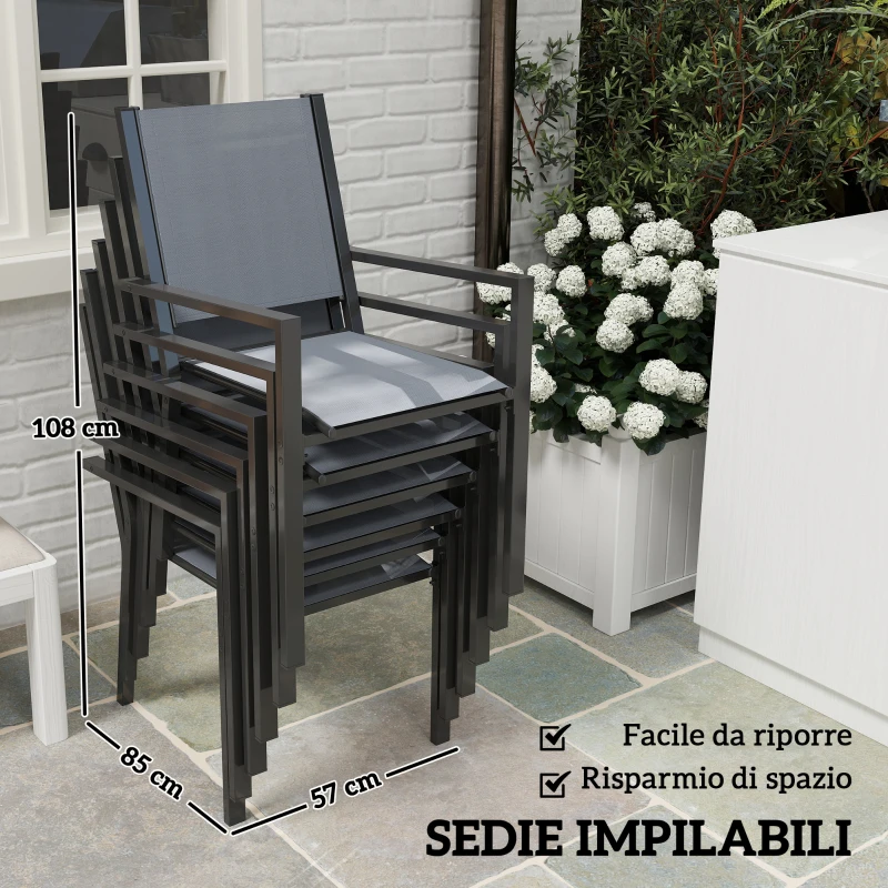 Outsunny Set da Giardino in Acciaio con Tavolo Rettangolare e 6 Sedie Impilabili Traspiranti, Grigio