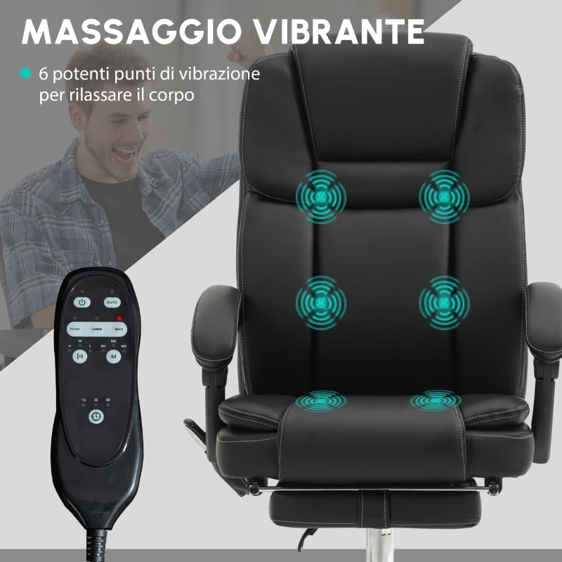 Vinsetto Sedia da Ufficio Regolabile con 6 Punti di Massaggio, Funzione di Riscaldamento, Poggiapiedi, Ecopelle, Nero
