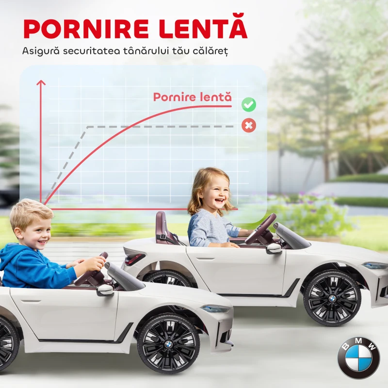 HOMCOM Mașină Electrică pentru Copii 3-6 Ani cu Licență BMW, cu Telecomandă, Claxon și Faruri, 115x67x45 cm, Albă(m-6)