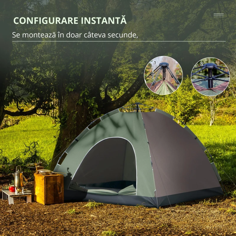 Outsunny Cort pentru Camping Pop-Up pentru 4 Persoane cu Geanta pentru Transport, Carlige pentru Lampa si Buzunare pentru Depozitare, 210x210x135cm