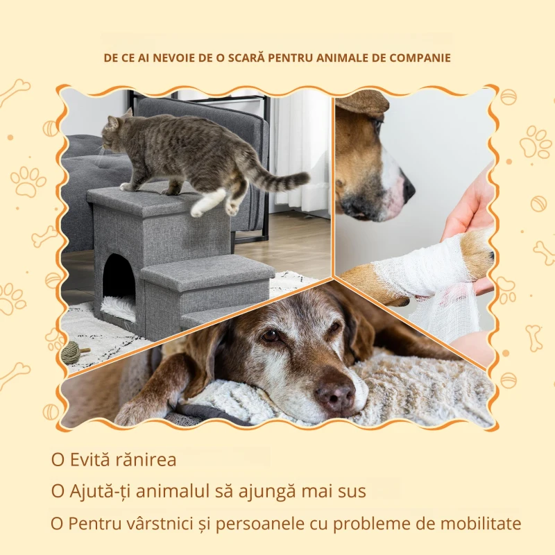 PawHut Scari de pat pentru caini, Scari pentru animale de companie cu 3 trepte, cu casuta pentru pisici si 2 cutii de depozitare, Rampa 3 in  1 pentru caini cu perna din plus lavabila, gri deschis