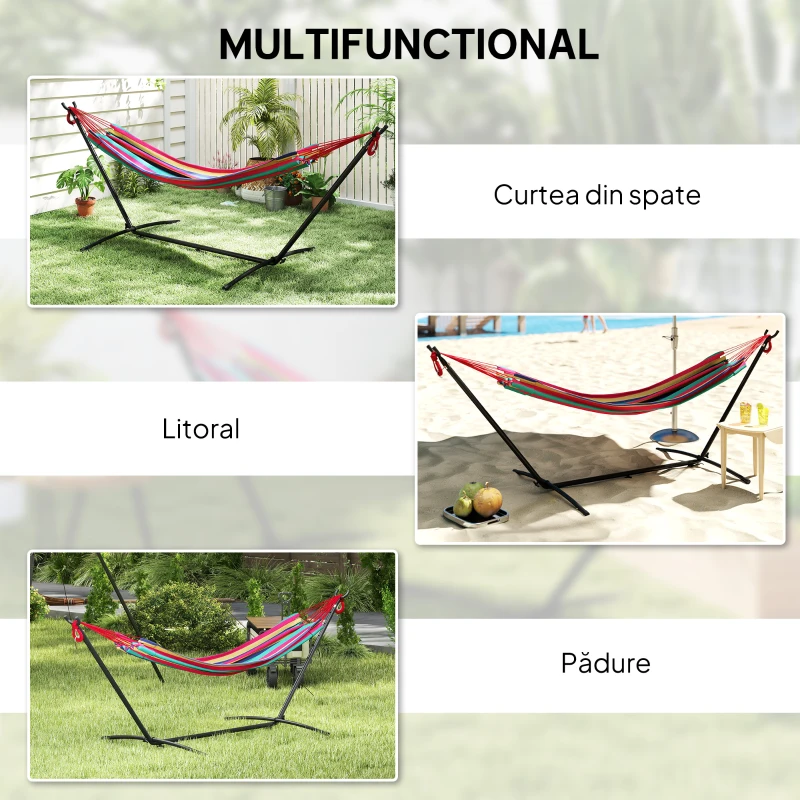 Outsunny Hamac cu Suport 310x117cm pentru Camping cu Înălțime Reglabilă și Geantă de Transport, Capacitate 120 kg, Dungi Portocaliu și Roșu