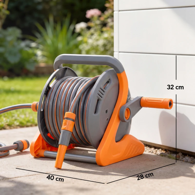 Outsunny Portable Garden Hose Reel, 20+2 m Wall Mounted Hose Reel with 2 Patterns Spray Nozzle and Crank Handle, Orange