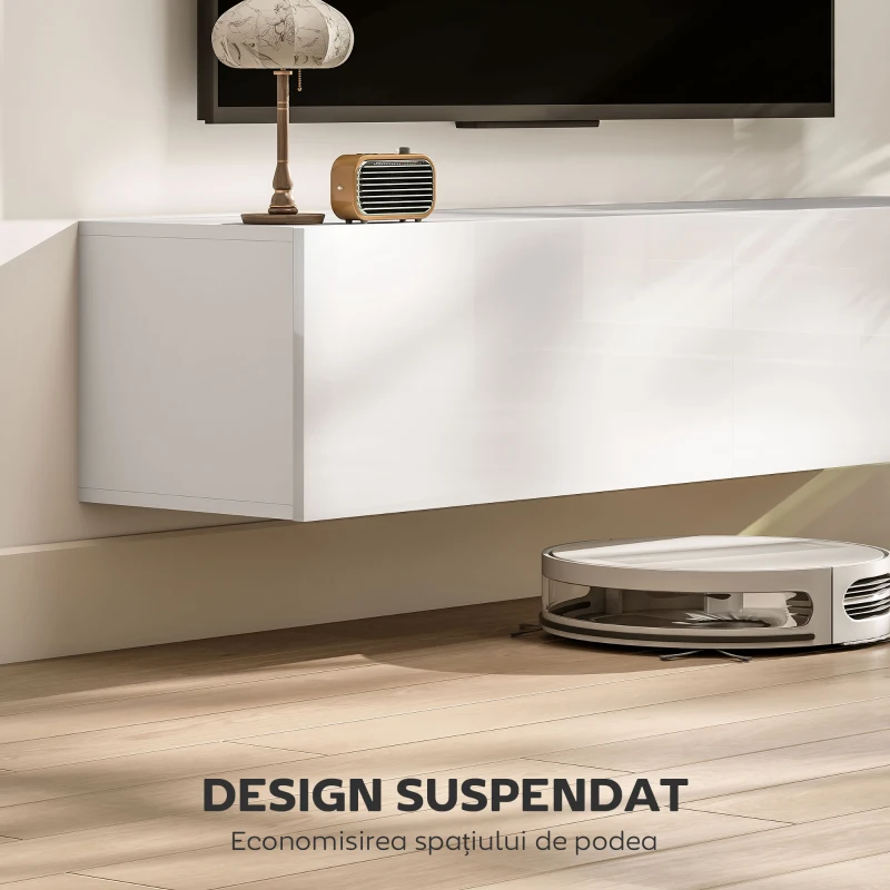 HOMCOM Dulap TV Suspendat pentru Televizoare de 45"-55"-65" cu 2 dulapuri și uși rabatabile, 140x33x29.8 cm, alb