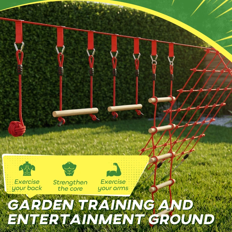 AIYAPLAY Ninja Line Set Slackline 10 m para niños con anillas, columpio, escalera de cuerda, red de escalada para 3-6 años 1000x300x180 cm Rojo