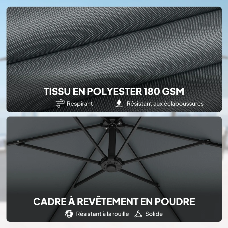 Outsunny Parasol déporté 3 m avec pied en croix et dalles lestage, parasol de jardin extérieur avec manivelle, gris foncé
