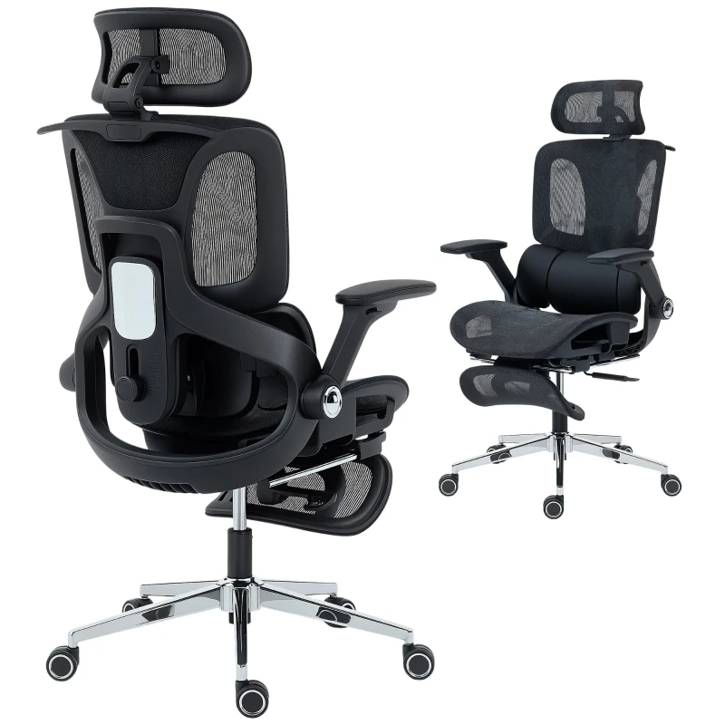HOMCOM Silla de Escritorio de Malla con Reposapiés Respaldo Reclinable Soporte Lumbar Reposabrazos y Reposacabezas Ajustable