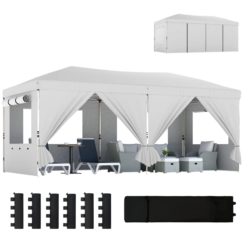 Outsunny 3 x 6 m Pop Up Canopy with UV50+ Protection Garden Gazebo with 6 Sidewalls, White