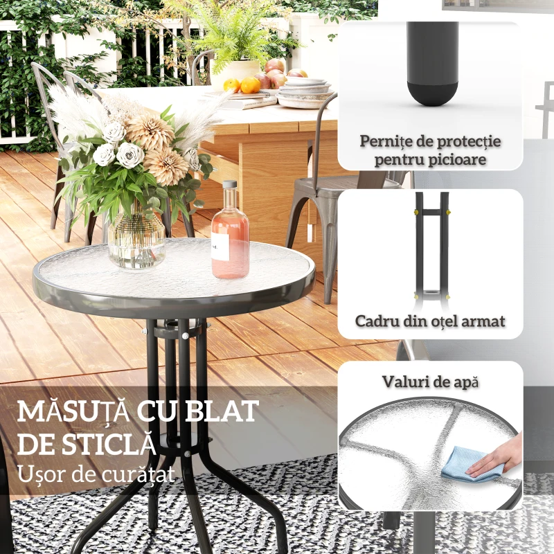 Outsunny Set Mobilier de Grădină din 3 Piese cu Scaune Suprapozabile și Masă din Sticlă, 54x71x93 cm, Gri Închis