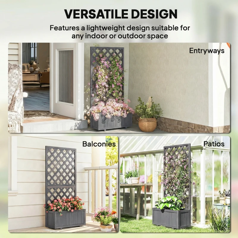 Outsunny Wood Planter with Trellis for Climbing Plants, Raised Bed, Planter Box with Drainage Holes to Grow Herbs Flowers, Grey