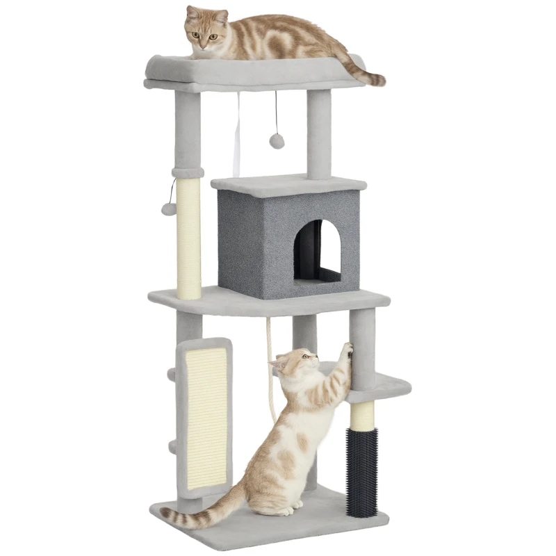 PawHut 132cm Cat Tree w/ Scratching Posts & Pad, Cat Bed, Cat House, Jumping Platform, Grooming Brush, Anti-Tip Kit, Light Grey