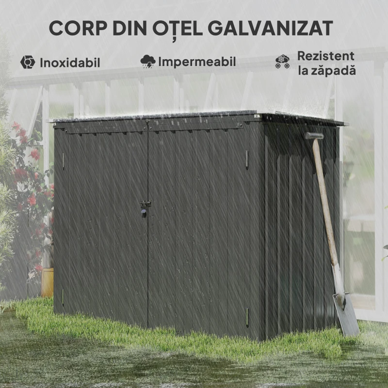 Outsunny Depozit pentru Exterior 1.1m² din Oțel Galvanizat cu 2 Uși Blocate, Depozit pentru Coșuri de Gunoi cu Capac Rabatabil, Magazină pentru Grădină pentru 2 Coșuri și Unelte, Gri Închis