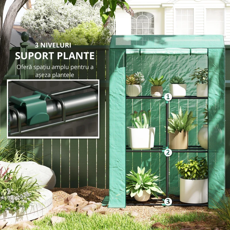 Outsunny Sera Mini cu 3 Niveluri, Copertină din PE cu Armătură și Ușă Rulabilă, 100x40x150 cm, Verde