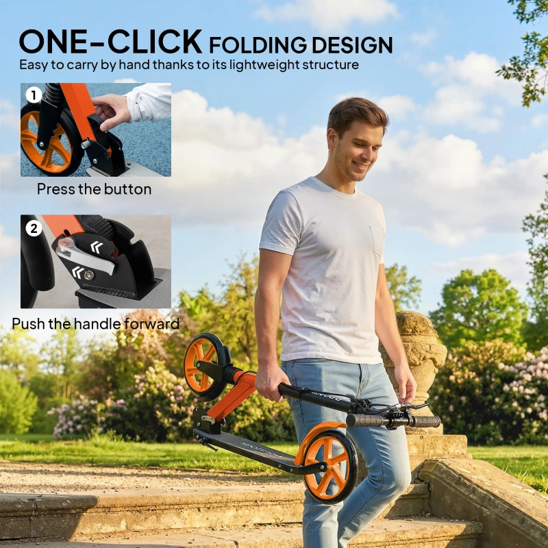 HOMCOM One-click Folding Kick Scooter for 14+ w/ Adjustable Handlebar, Push Scooter with Kickstand, Dual Brake System, Red