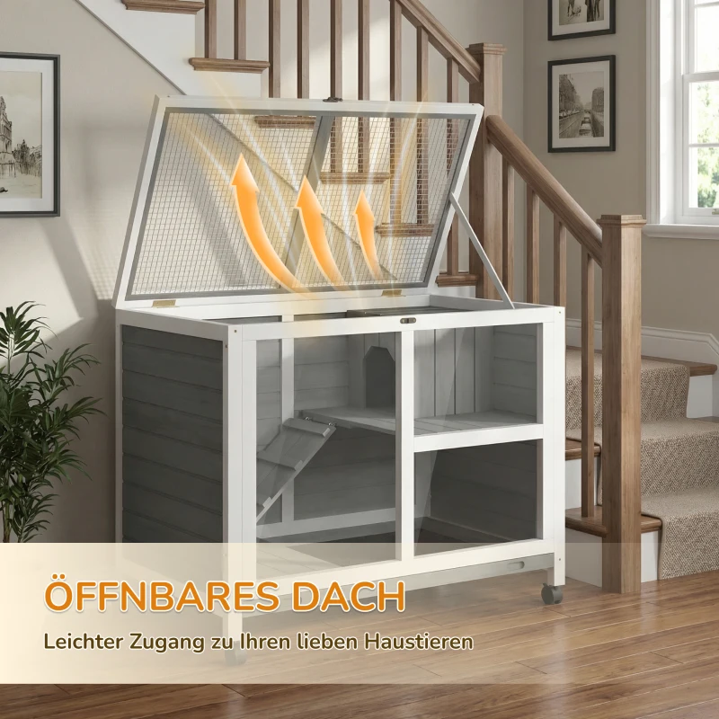 PawHut Kleintierstall mit 2 Ebenen 4 Rollen versiegeltes Tannenholz Grau