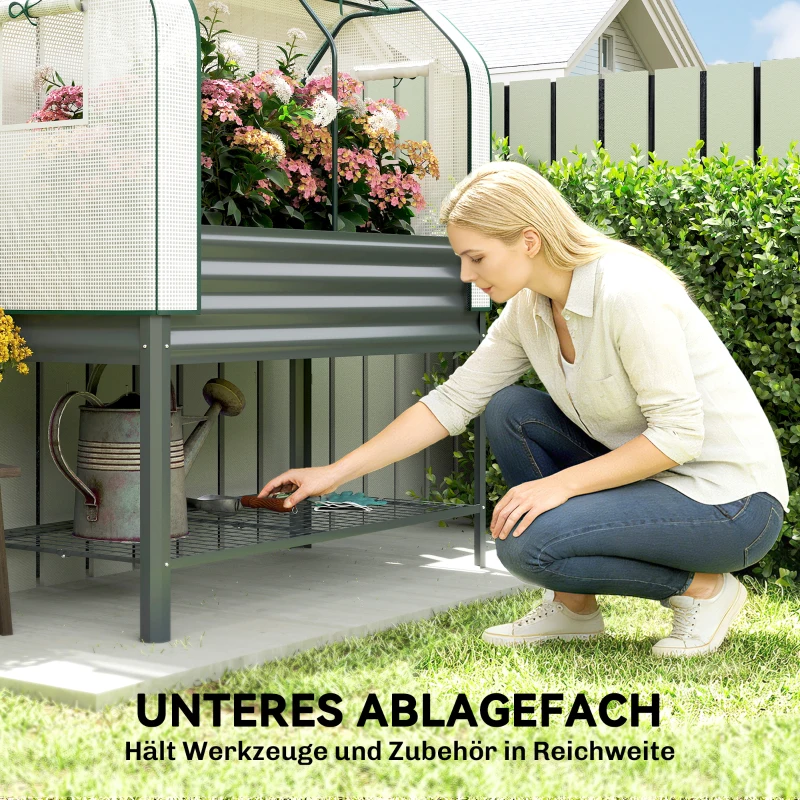 Outsunny Hochbeet mit Frühbeetaufsatz aus Metall Pflanzkasten mit Gewächshaus Ablagefach, Erhöht 120 x 55 x 140cm