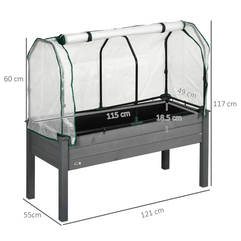 Outsunny Pat pentru Grădină Ridicat cu Acoperiș din PE, Jardinieră Ridicată din Brad cu 4 Găuri de Drenaj, pentru Flori și Legume, pentru Grădină, Balcon, 121x55x117 cm, Gri Închis