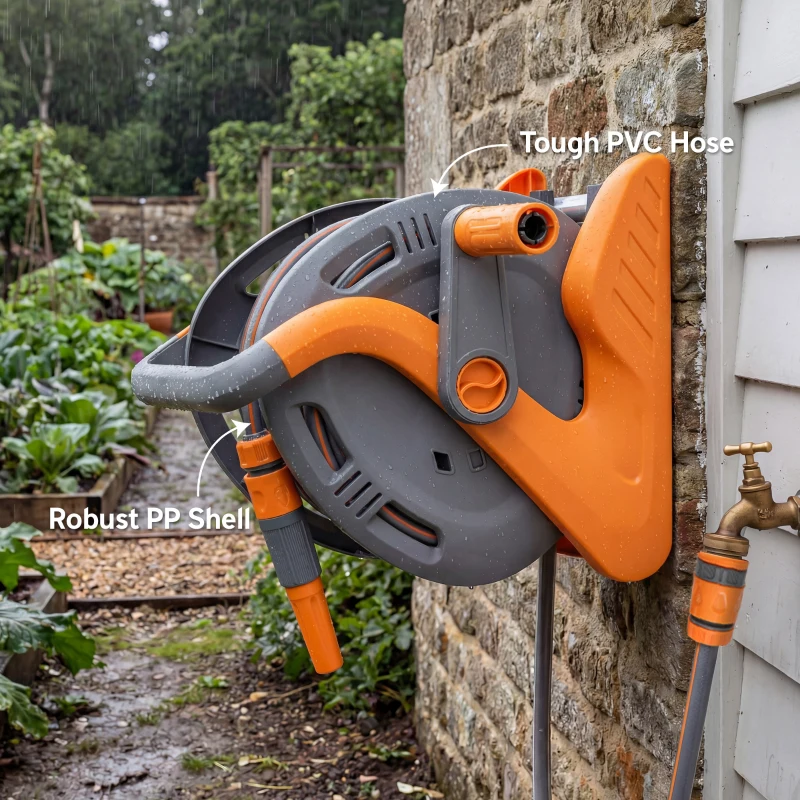 Outsunny Portable Garden Hose Reel, 20+2 m Wall Mounted Hose Reel with 2 Patterns Spray Nozzle and Crank Handle, Orange