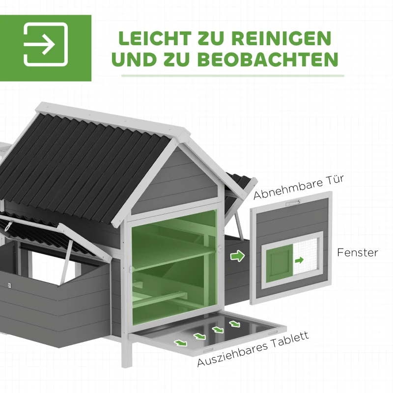 PawHut Großer Hühnerstall für 7-10 Hühner, Sitzstangen, Schaukel, Fenster, Nistkästen, Maschendraht, Grau