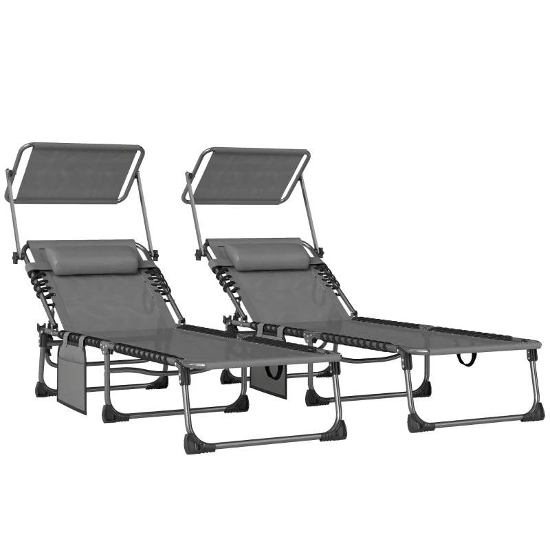 Outsunny Set de 2 Tumbonas Plegables con Reposacabezas Parasol Bolsillo Lateral y Respaldo Reclinable en 5 Posiciones Gris